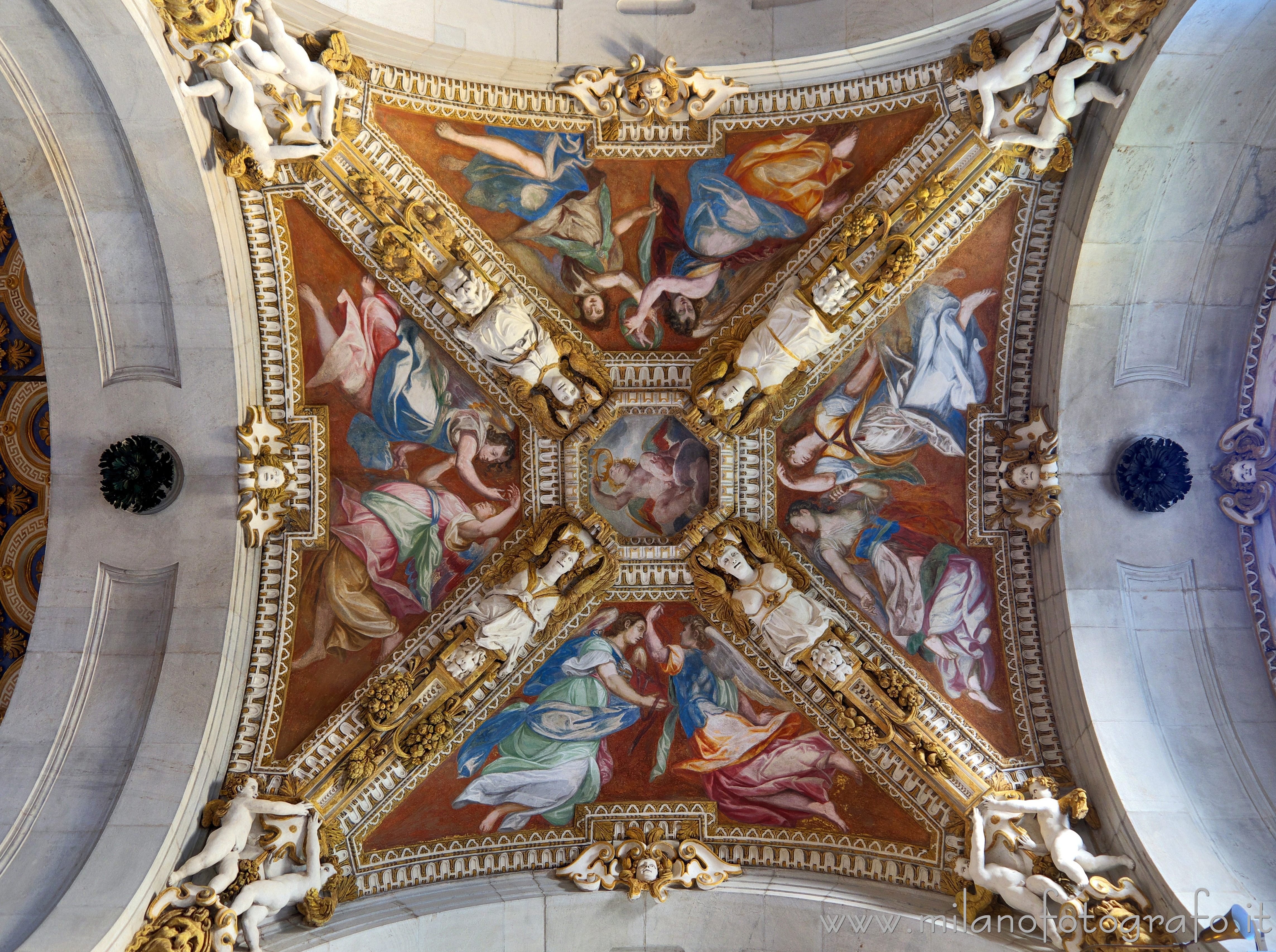 Milan (Italy) - Decorated vault of a span of the lateral naves in the Church of Santa Maria dei Miracoli